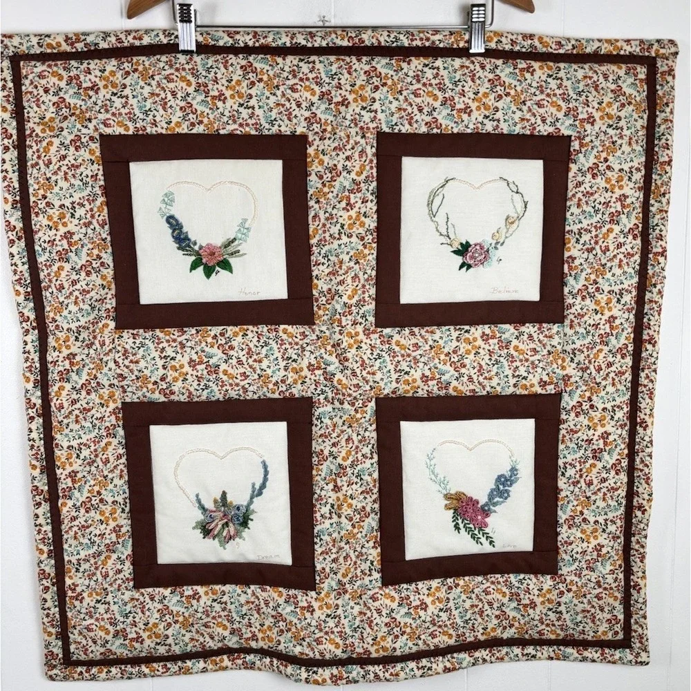 Vintage 70s Small Quilted & Embroidered Wall Hanging Hearts Brown‎ Floral